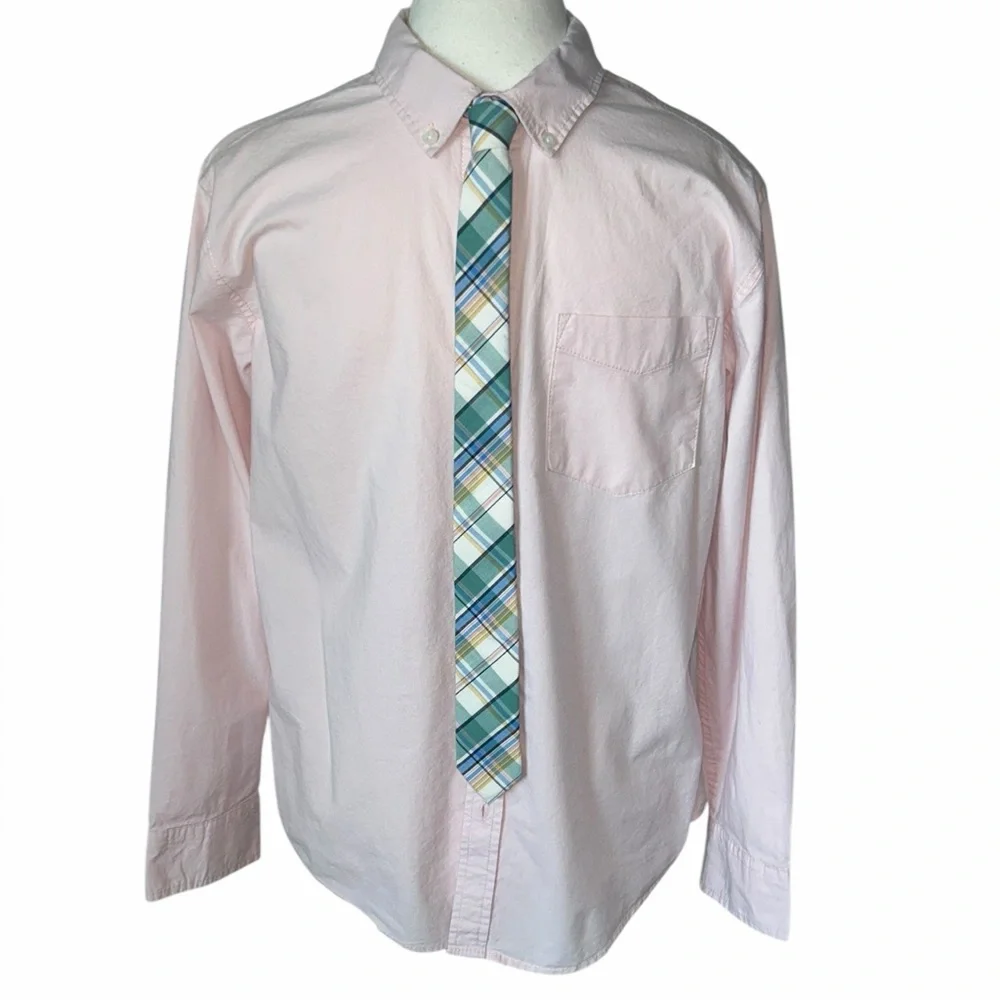Old Navy Boys’ Pink Button Down Shirt W/ Plaid Necktie 14/16
